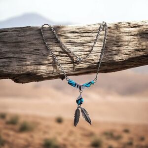 VINTAGE ZUNI MOSAIC INLAY NECKLACE with STERLING SILVER FEATHERS